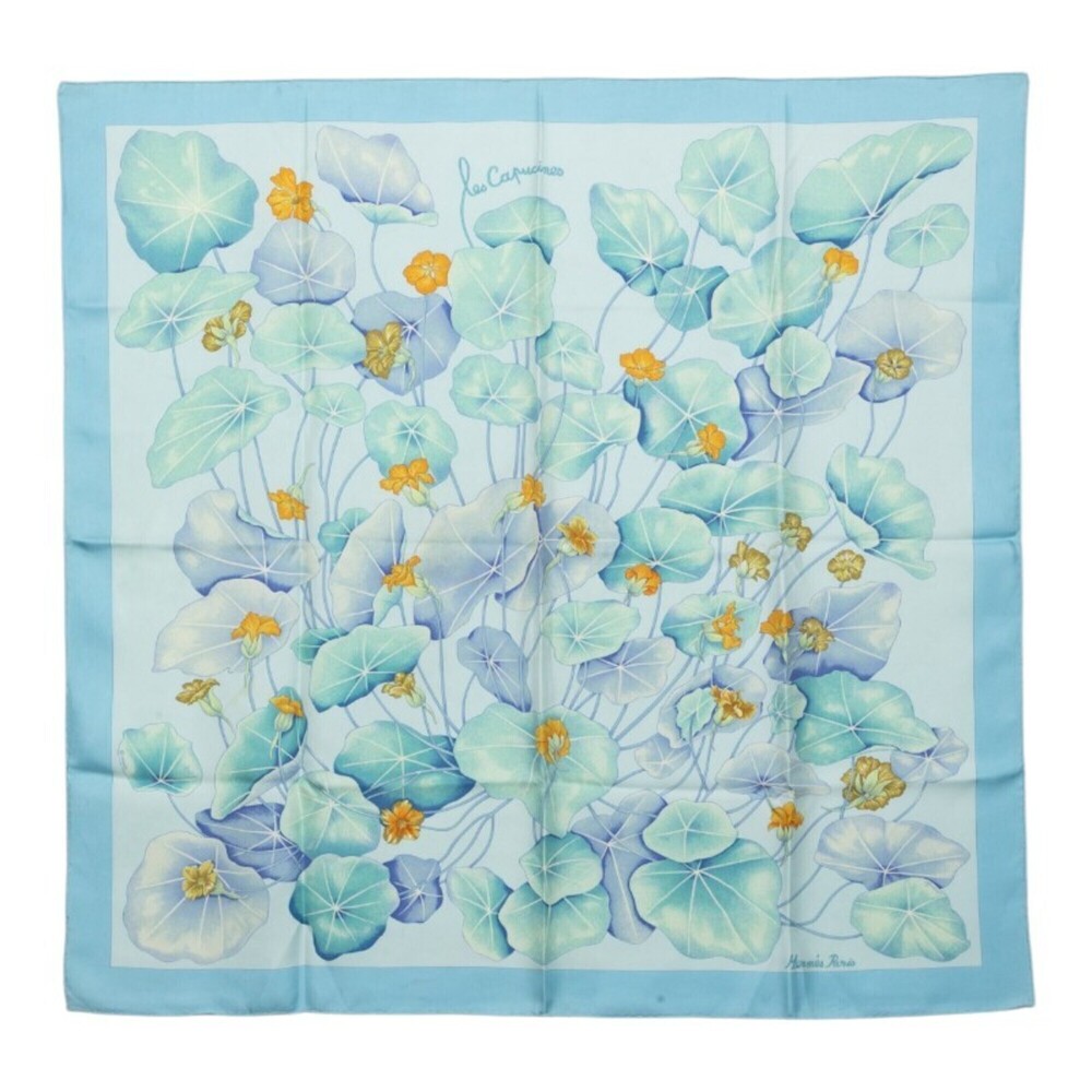 Hermes Carre 90 Les Capucines Golden Lotus Scarf Muffler Light Blue Multicolo...